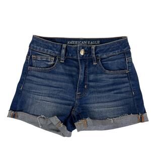$ American Eagle Super stretch size 0. cut off style denim blue jean shorts 0344
